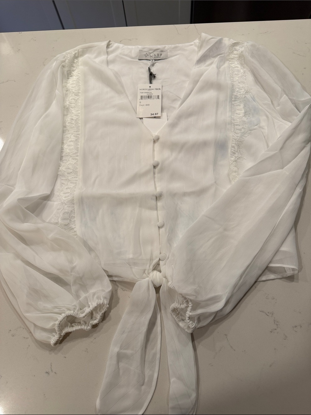 Wayf White Tie-Front Sheer Blouse with Lace Trim